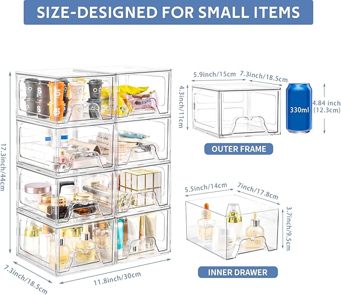 8Pack Acrylic Storage Drawers, Clear Stackable Storage Drawers, Acrylic Storage Bins with Drawers for Fridge Organizers, PlasticDrawers Stackable for Makeup Organizers Cosmetic Display - Image 3