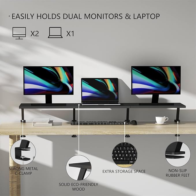 Extra-Large 45-Inch Wood Clamp On Desk Monitor Shelf with Spacious Storage Space - Fits 60-inch or Dual 32-inch Screens, C-Clamp Design with Rubber Pad, Max Load 44lbs - Image 2