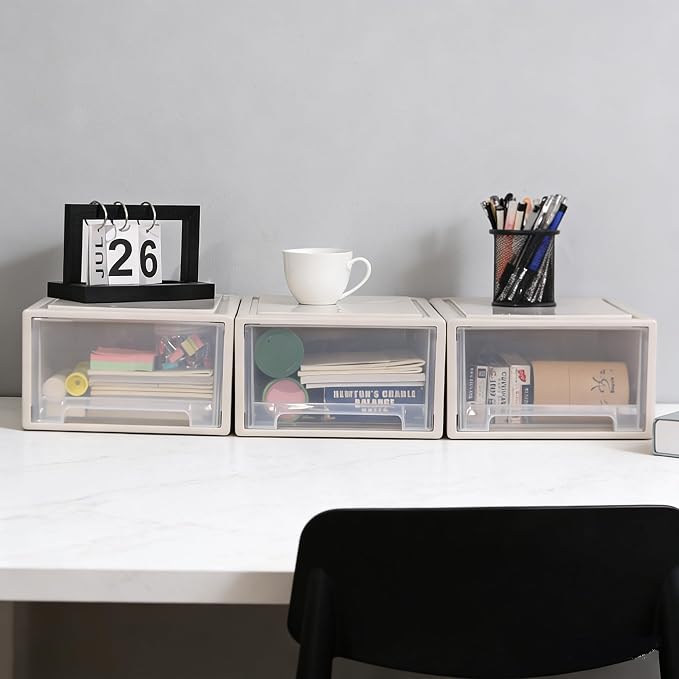 4-Pack Stackable Desktop Storage Drawer Organizer, 12-Quart | Clear Plastic Bins with Pull-Out Drawers, Stackable Containers for Cabinet, Desk, Shelf, Cupboard, or Dresser Organization - Image 7