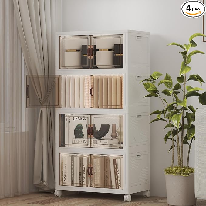 Stackable Storage Bins with Lids, 208QT Closet Organizers and Storage Cabinet with Doors & Wheels, Lockable Plastic Foldable Drawers for Bedroom Dorm Office Garage（52QT*4,White） by UAMFURIDirect