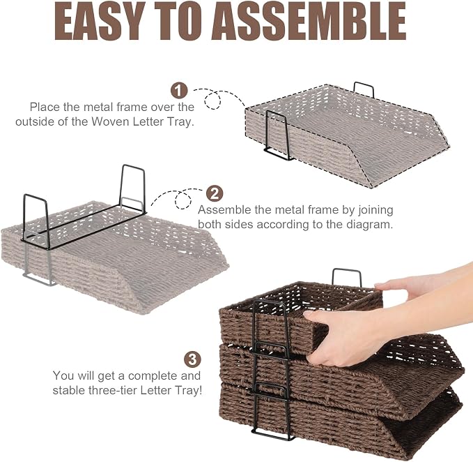 3 Pack Paper Rope Woven Stackable Desk Organizer Letter Tray, Brown Tabletop Desk Basket for Storage Paper Letter Folders Notebooks Copy Print, Workspace Holder - Image 3