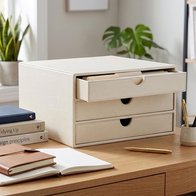 UnionBasic Document Organizer, 3-Drawer File Cabinet Document Storage Box, Office Desktop Filing Organizer, Creamy White - Image 2