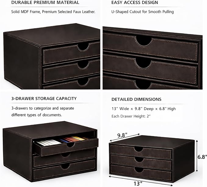 UnionBasic Leather Desktop Drawer Organizer, File Cabinet Magazine Document Holder, Office Supplies Desk Storage Organizer Box, 3 Drawer, Coffee - Image 3