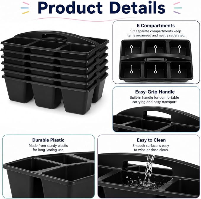 6 Pack Assorted Colors 6 Compartment Classroom Caddy with Handle Portable Plastic Storage Classroom Caddies Organizer for Classrooms Supply Teacher Office Table Desk(Black) - Image 3