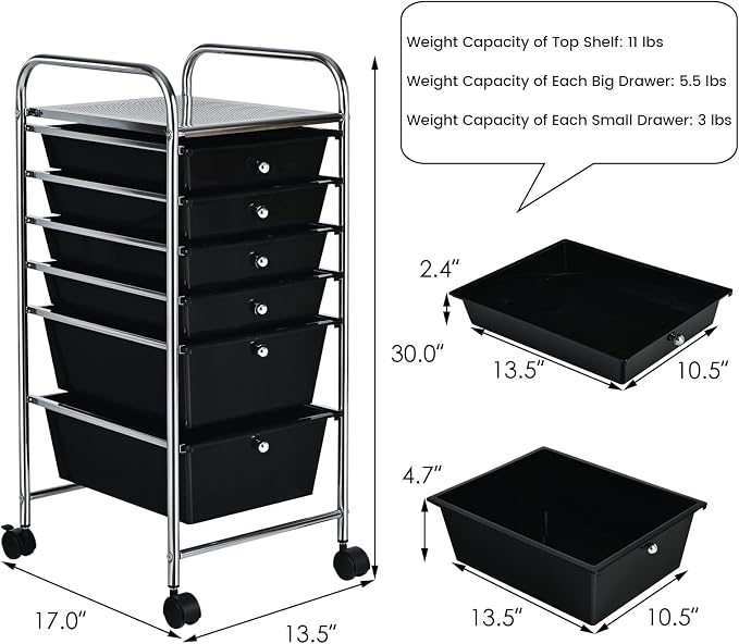 COSTWAY 6-Drawer Rolling Storage Cart, Art Craft Tools Organizer on Wheels | Multifunctional Heavy Duty Utility Mobile Storage Trolley w/ 2 Lockable Wheels for Home Office School (Black) - Image 3
