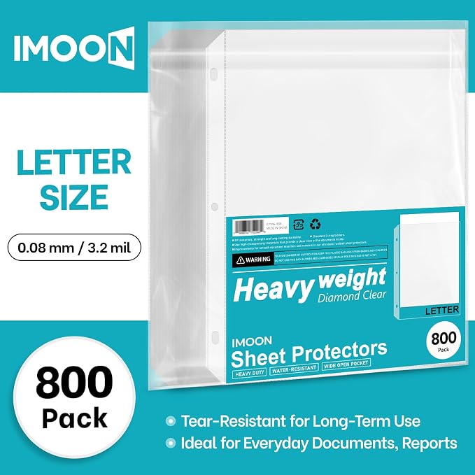 Heavyweight 3-Hole Letter Size Sheet Protectors - High Transparency Plastic Heavy Duty Sleeves for 3 Ring Binders, Archival Safe, Durable Page Protectors for Documents, 8.5x11 Inch (800 Pack) - Image 2