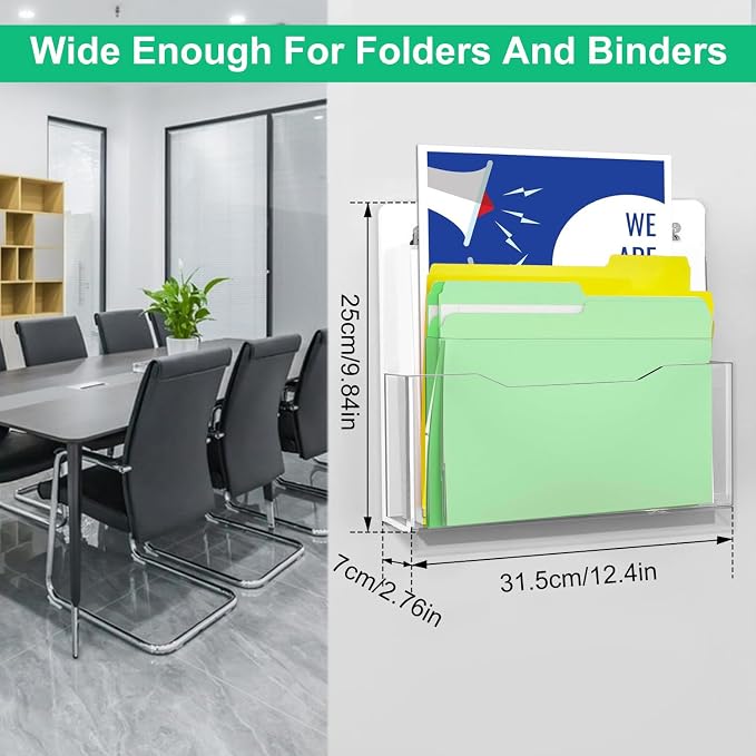 Magnetic Wall File Organizer - Clear Acrylic Hanging File Holder, Wall Mount Folder Mail Document Magazine Holder for Office, Fridge, Whiteboard, 2Pack - Image 3