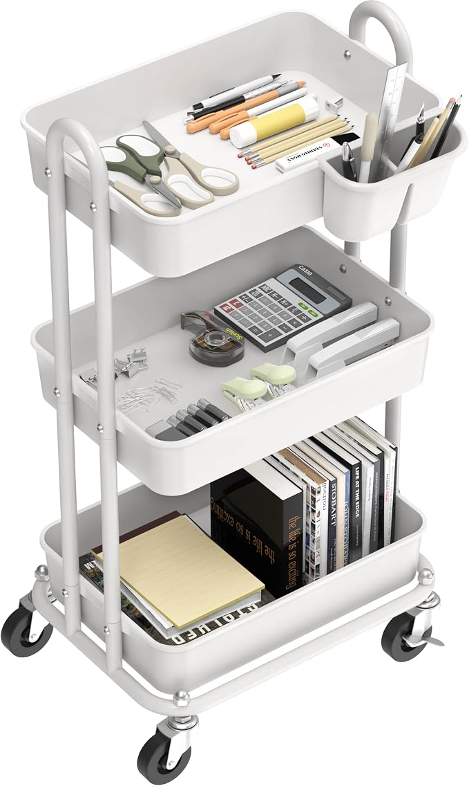 Simple Houseware 3-Tier Rolling Utility Cart with Hanging Bucket, White | Storage for Bathroom, Kitchen, Office, Study Room, Nursery Diaper - Image 2