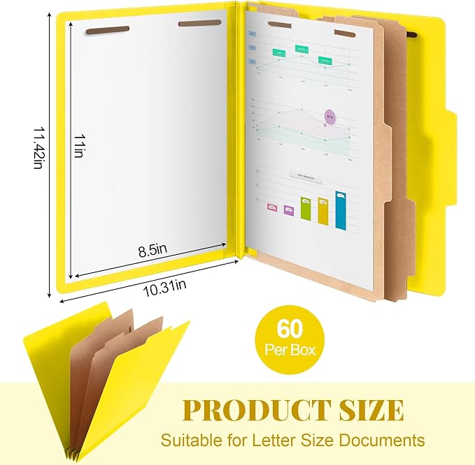 Skyygemm 60 Pcs Classification Folders Letter Size, 2 Divider Pressboard File Folders with 3. 5 Inch Expansion, 2 Prongs Fastener, Heavy Duty Office File Organizers for Teachers, Medical (Yellow) - Image 2