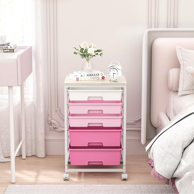 SYKIARIOL Utility Cart with Drawers,5 Drawers Storage Cart,Rose Pink | 5-Tiers Drawer Cart with Wooden Top with Lockable Wheels for Craft Organizers and Storage,Home Office,Classroom,Dorm,Playroom - Image 2