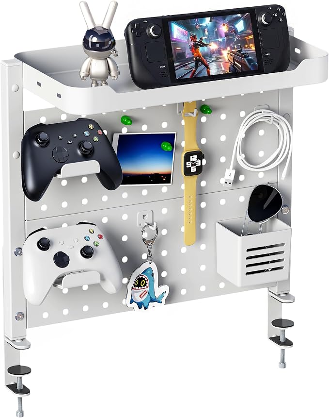 ARES WING Desk Clamp On Pegboard with 16 inches Organizer Shelf, White | Adjustable Above or Under Desk Storage Shelf Holds 44 lbs, Magnetic Metal Peg Board for Office and Gaming Accessories by ARESWING