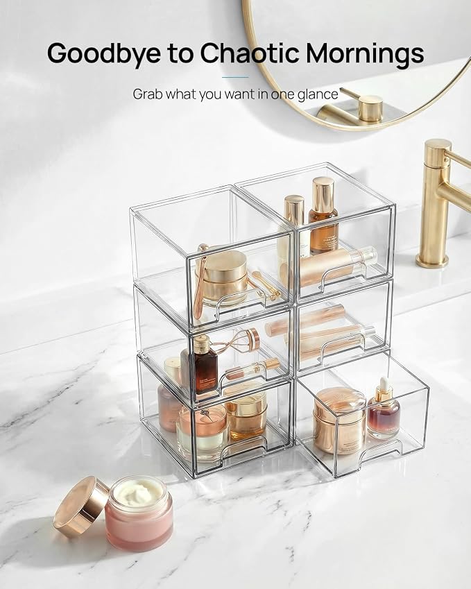 Vtopmart 6 Pack Small Clear Stackable Storage Drawers,Acrylic Bathroom Makeup Organizer,Plastic Storage Bins For Vanity, Undersink, Kitchen Cabinets, Pantry, Home Organization | Bathroom Makeup Organizer, Plastic Bins For Desk, Vanity, Undersink, Kitch... - Image 3