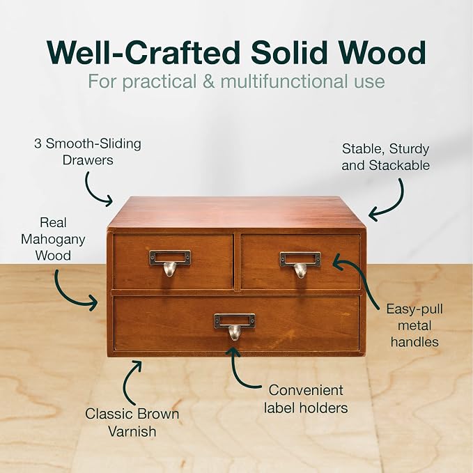Modular Stackable Desktop Apothecary Cabinet with 3 Drawers - Solid Wood Medicine Cabinet for Tabletop - Card Catalog Drawers with Label Holders - Desktop Chest Drawer for Storage and Organization - Image 3