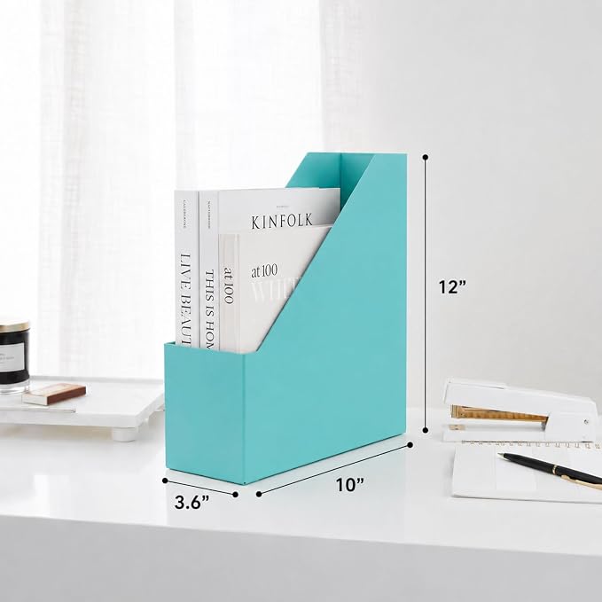 BLU MONACO Set of 6 Aqua Magazine File Holders | Foldable Magazine Storage Boxes with White Leather Label Holders | Vertical File Organizer for Desk, Shelves & Home Office - Image 9