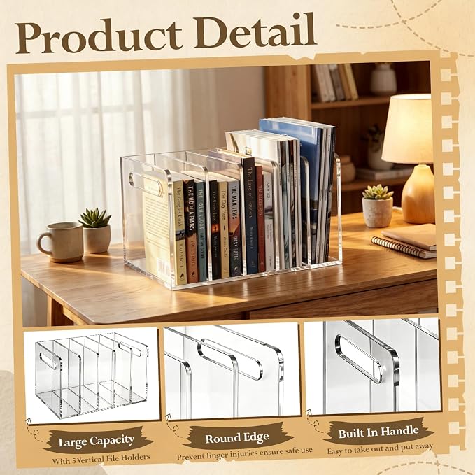 Didaey 2 Pcs Acrylic Magazine File Holder, 5 Vertical Compartments Desk Sorter Organizer Magazines Documents Books Accessories Clear Folder Rack Binder for Office Home (B5,5 Sections,Clear) - Image 3