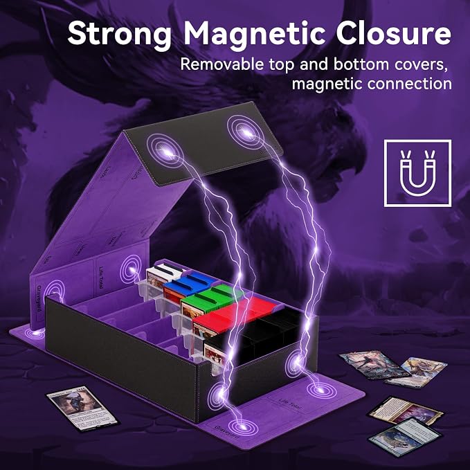 5 Row Trading Card Storage Box, 3800+Bulk Card Organizer Box with 20 Dividers & 5 Supporters, Graded Card Deck Box for YuGiOh, MTG, TCG with Double Lid Black/Violet - Image 4