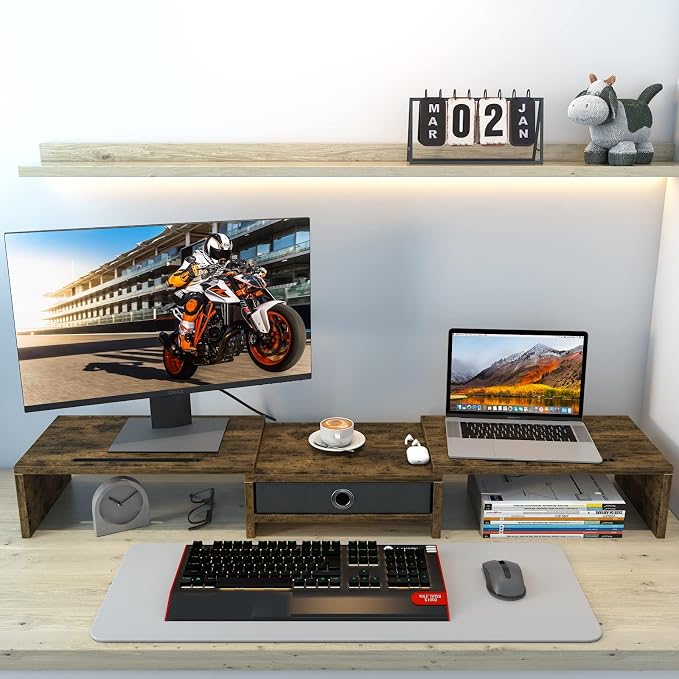 WESTREE Dual Monitor Stand Riser with Drawer, 3 Shelf Computer Monitor Riser with Adjustable Length and Angle, Desktop Monitor Stand Riser Storage Organizer for 2 Monitors - Image 3
