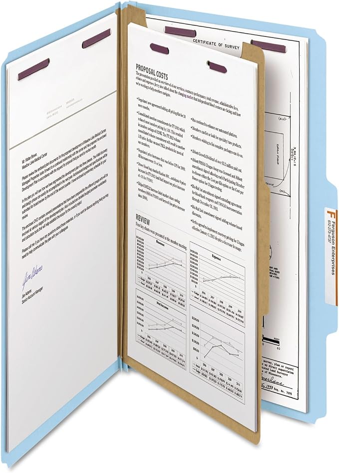 Smead Pressboard Classification File Folder with SafeSHIELD Fasteners, 1 Divider, 2" Expansion, Legal Size, Blue, 10 per Box (18730) - Image 2