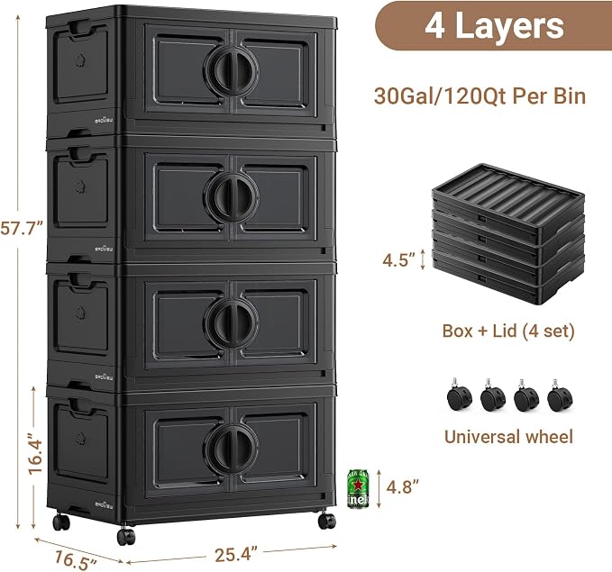 BROVIEW 480Qt Lockable Stackable Storage Bins with Lids, Closet Organizers and Storage Drawer, Collapsible Storage Bin with Wheels, Plastic Cabinet for Toy Clothes Dorm Organizer, V9 4 Pack Black - Image 2