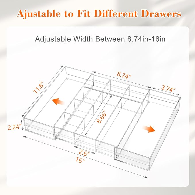 Briwooody Clear Acrylic Drawer Organizer Expandable,10 Compartments,Medium | 9'' up to 18'' x 12'' x 2.1'' Desk Drawer Organizer Trays Adjustable with Desk Accessories for Makeup Office Bathroom - Image 2
