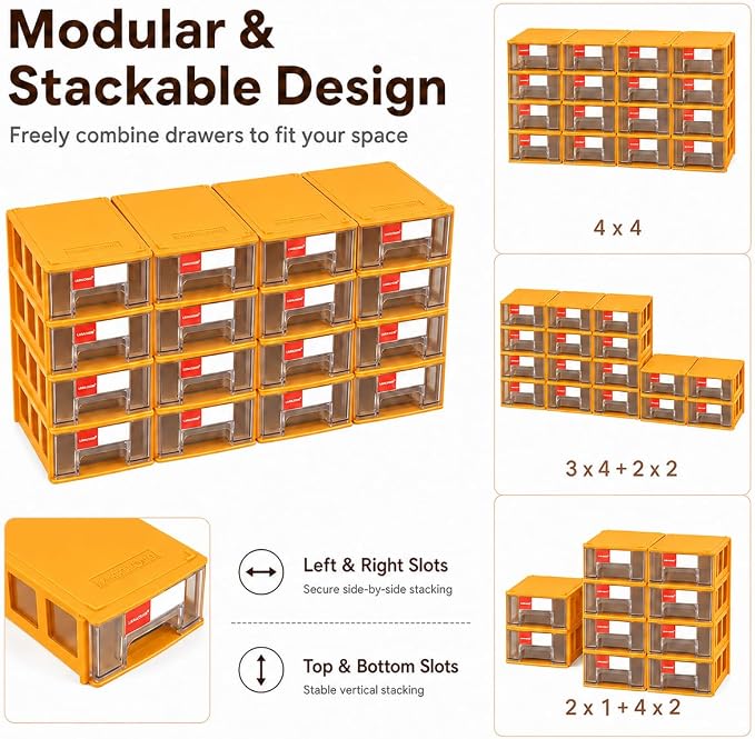 16pc Stackable Plastic Storage Drawers Mini Desk Organizer Yellow | Versatile mini desktop storage box 5.5x3.4x1.6", perfect for garage, home, school and office craft organization. - Image 2