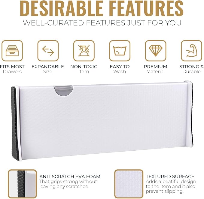 RAPTUROUS Deep Drawer Dividers 8 Pack, 5 Inch Tall, 13-22 Inch Long Expandable, Adjustable Drawer Organizer for Clothing, Dresser, Kitchen, Strong Hold, Soft Foam Edges, White - Image 3