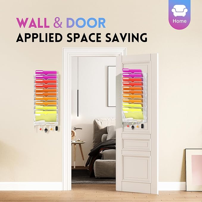 11-Tier Wall File Organizer with Base and Hooks, Hanging Organizer, White | Wall Organizer and Wall File Holder with 11 Vertical Pockets and Bottom Tray for Files, Mail, Folders, Magazines and Paper - Image 5