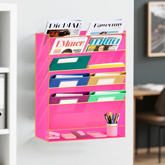 Gelite Hanging File Organizer Acrylic Wall File Holder for Office Vertical Paper Organizer Wall Mounted Magazine Rack, 5 Pockets, Neon Pink - Image 6