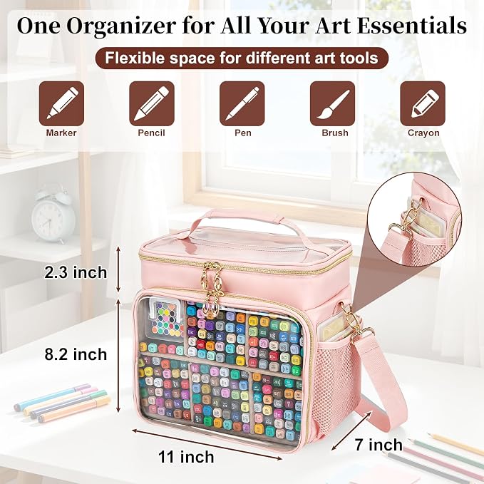 Large Double-Layer Marker Organizer Case for 200-300 Markers, Pink | Marker Bag with Removable Dividers, Marker Organizer for Markers, Pencils, Crayons or Other Art Supplies, (Bag Only) - Image 3