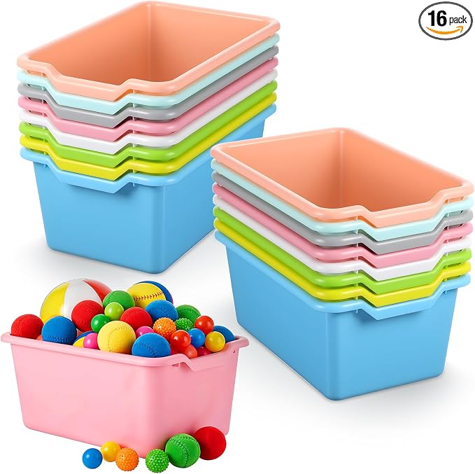 16 Pcs Plastic Book Bins, Scoop Front Cubby Storage Bins, 8 Color Stackable Organizer Tubs Containers Multi Functional Box for Books, Supplies, Home Office Playroom, 11.42x7.48x4.92 Inch by Unknown
