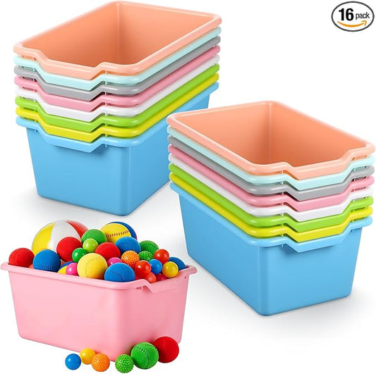 16 Pcs Plastic Book Bins, Scoop Front Cubby Storage Bins, 8 Color Stackable Organizer Tubs Containers Multi Functional Box for Books, Supplies, Home Office Playroom, 11.42x7.48x4.92 Inch by Unknown