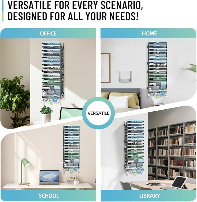 15-Tier Wall File Organizer with 5 Hooks, Wall Mounted Mail Organizer | File Holder Organizer, Metal Mesh Office Wall Organizer for Home, School & Classroom - Image 3