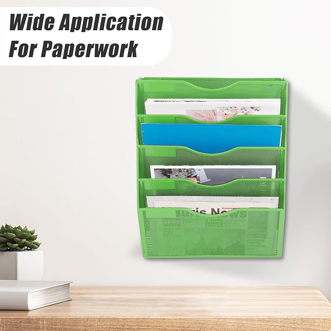 5 Pocket Mesh Hanging Wall File Organizer, Wall Mounted Mail Paper Document Folder Holder, Clipboard Storage Organization Magazine Rack with Nametag Label for Office Home School, Green - Image 6