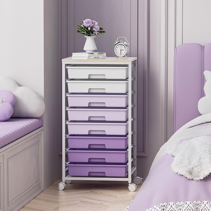 SYKIARIOL Rolling Cart with Drawers,8 Drawers Storage Cart,Purple | Craft Organizers and Storage with Wooden Tabletop for Living Room,Classroom,Bedroom,Bathroom,Dorm,Office - Image 7