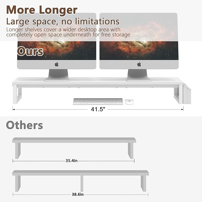 LAND·VOI Dual Monitor Stand Riser,41.5'' Long Monitor Stand for 2 Monitors, Wood and Steel Computer Monitor Stand, Desktop Oraganizer with Pen Holder, Monitor Riser for Desk Computer,Laptop,TV, White - Image 3