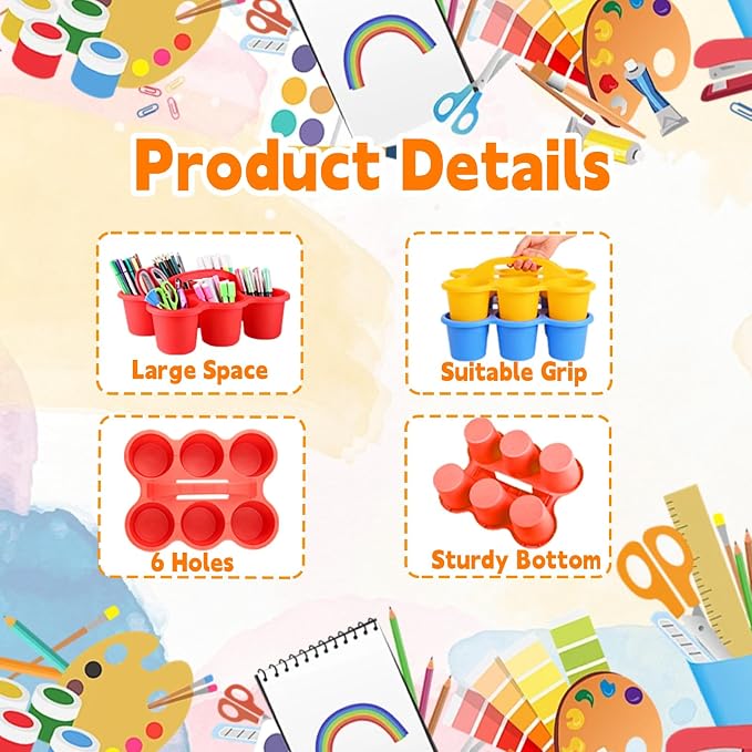6 Pack Classroom Caddy Organizer with Handle Multicolor Plastic Table Caddy 6 Compartments Storage Cup Holder for School Supplies Art Crafts Crayons Pencils Stackable Desk Caddy for Office - Image 3