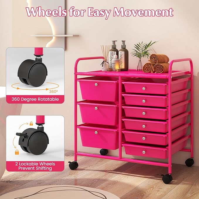 Moccha 9-Drawer Rolling Storage Cart - Under Desk Storage Drawers with wheels for Craft Art Supply Paper Salon, Scrapbook Paper Tools, Mobile Utility Cart for Classroom, Hot Pink - Image 7