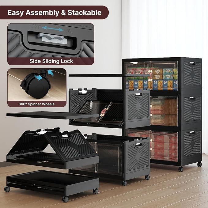 Stackable Storage Bins, 336QT Collapsible Drawers with 1 Lid | Large Capacity, Magnetic Door, Stack Lock, Rolling Wheels, Foldable Design, Organizers and Storage for Bedroom Dorm Garage - Image 3