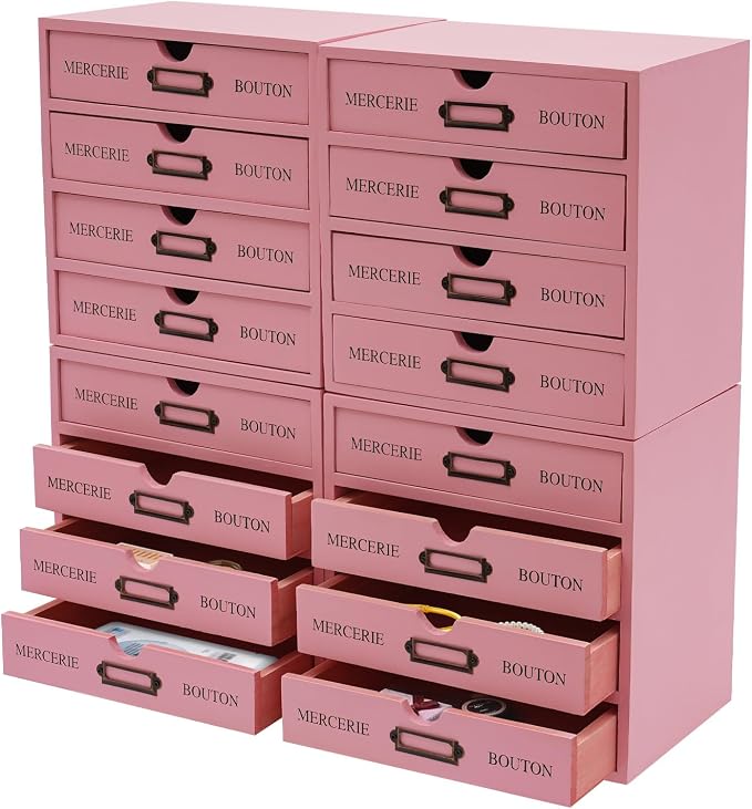 4PCS Vintage Wooden Drawer Organizer, 16-Drawer Stackable Storage Cabinet | Solid Pine Wood | 4-Tier | 35 Lbs Capacity | Iron Label Holders | Fully Assembled | For Office, Home, Craft Room (Pink) by Unknown