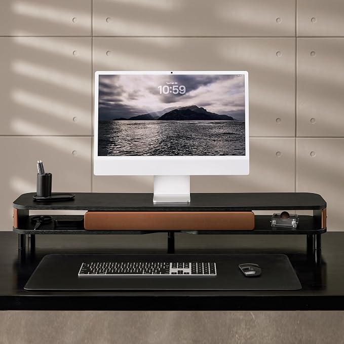 Fenge Dual Monitor Stand with Large Storage Drawer, 42.5" Dsek Shelf, Black | Slide-Out Drawer with Soft Touch Leather, Ergonomic Monitor Riser, Aluminum leg, 2-Tier Desk Organizer for Laptop, TV, PC - Image 7