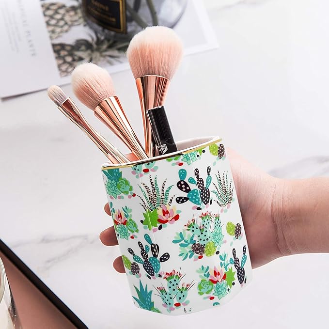 Pen Holder, Makeup Brush Holder Ceramic Shiny Gold Tropical Cactus Floral Succulents Pattern Plants Pencil Cup for Girls Kids Women Durable Stand Desk Organizer Gift for Office, Classroom, Home
