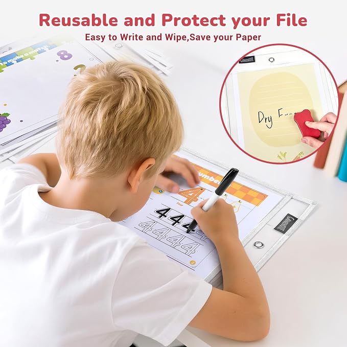 GAMENOTE 30 Pack White Dry Erase Pockets, 10x14 Reusable Sleeves | 30 reusable PVC pockets hold 8.5 x 11 and 9 x 12 sheets; double sided wipe clean surfaces, pen loops, eyelets, and 5 rings - Image 3