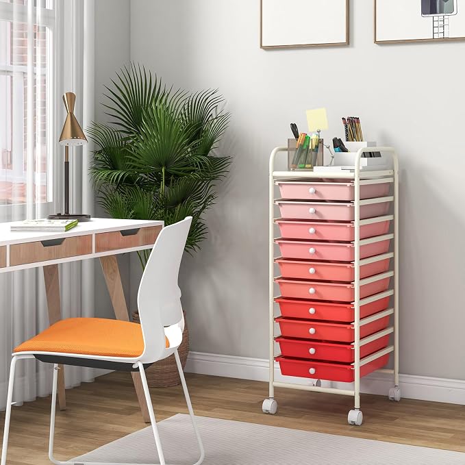 Giantex 10-Drawer Storage Cart w/Universal Wheel, Rolling Cart w/Handle, Home Organizer Storage Unit w/Removable Drawers, Trolley Utility Cart for Kitchen Makeup Living Room Office Play Room - Image 4