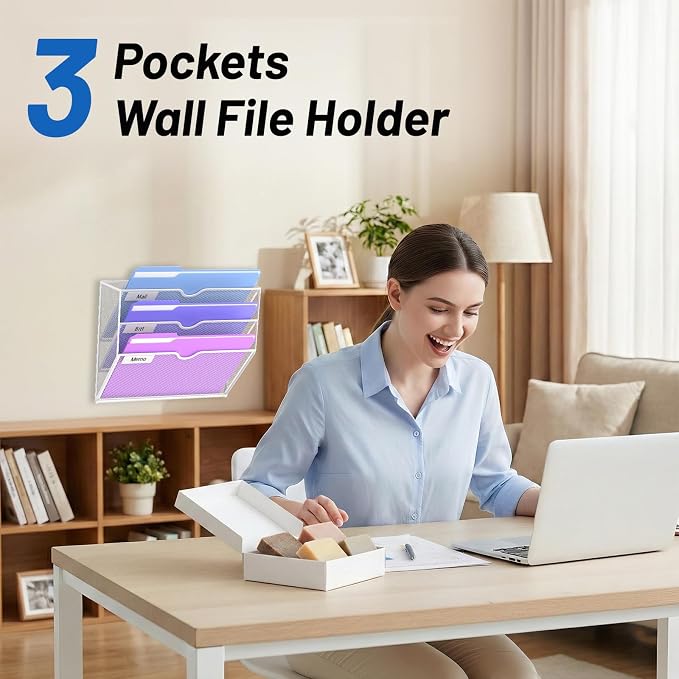 3-Tier Wall File Organizer, Hanging File Organizer, White | Wall-mounted mail storage holds papers, folders, files, clipboards and magazines, assembly required for office or home use. - Image 3
