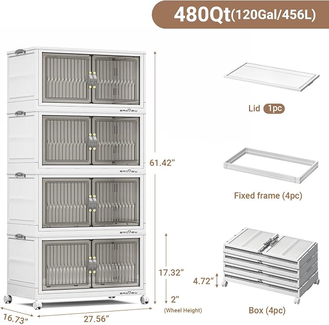 BROVIEW 480Qt Stackable Storage Bins with Lids, Extra Large Closet Organizer Collapsible Drawer Boxes with Wheels, Folding Plastic Cabinet Containers for Home Kitchen Room Organization, 4Pack White - Image 2