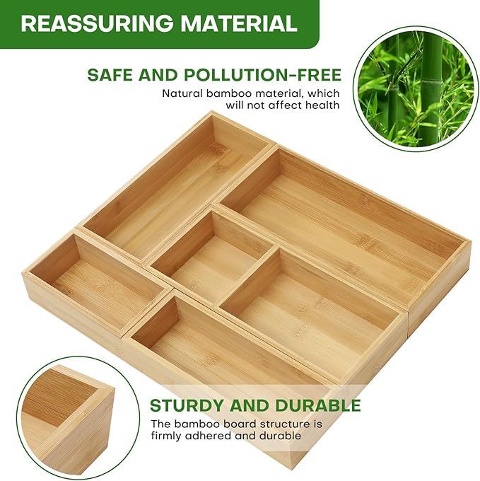 MapleGrace Bamboo Drawer Organizer Set, Individual Wood Storage Organizers | 5 PCS Multi-Use Junk Drawer Divider, Storage Trays Containers for Kitchen, Bathroom, Office Desk, Makeup, Jewelry, Utensils - Image 5