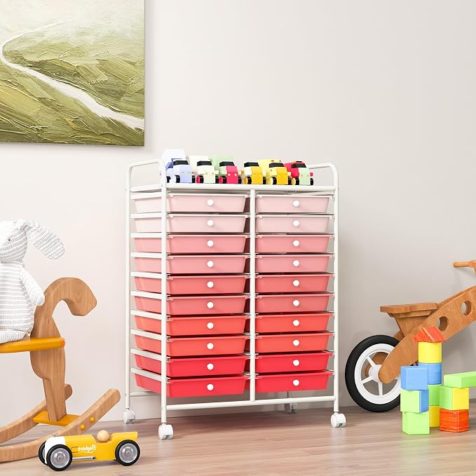 GOFLAME 20-Drawer Rolling Storage Cart, Multifunctional Art Craft Organizer, Mobile Utility Storage with Removable Drawers & Lockable Wheels, Craft Cart for Home Office School, Pink Gradient - Image 8