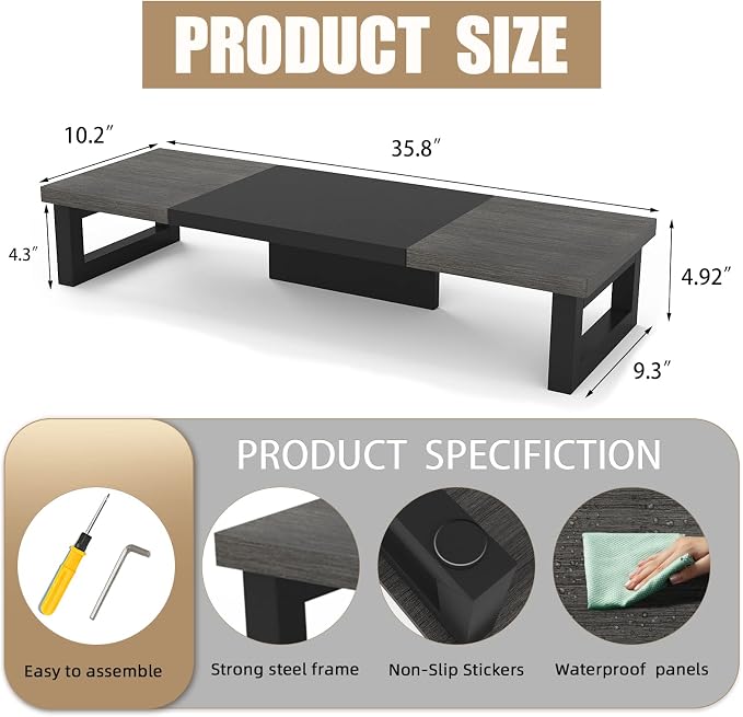 WESTREE Dual Monitor Stand Riser, Wood and Steel Monitor Stand Riser, Computer Monitor Stand for 2 Monitors, Multi-Purpose Desktop Storage Stand for Computer,Laptop,Printer,TV - Image 7