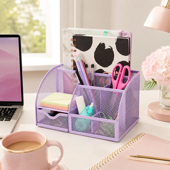 Exerz Metal Mesh Desk Organizer 7 Compartments with Drawer Light Purple | Compact Stationery Caddy with Multi Size Sections for Neat Study Work and Home Storage Needs - Image 7