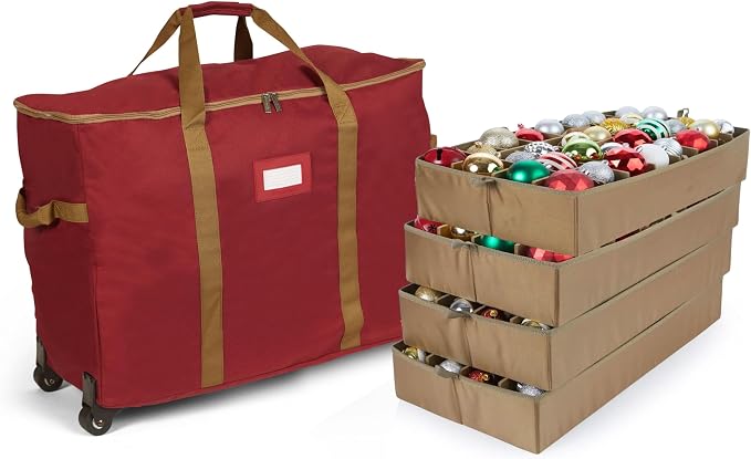 Covermates Keepsakes Rolling Adjustable Ornament Storage Bag – Heavy-Duty Polyester, FlexGrid Trays & Padded Dividers – Protective Holiday Organizer with Wheels, Handles & ID Window, Red by Covermates